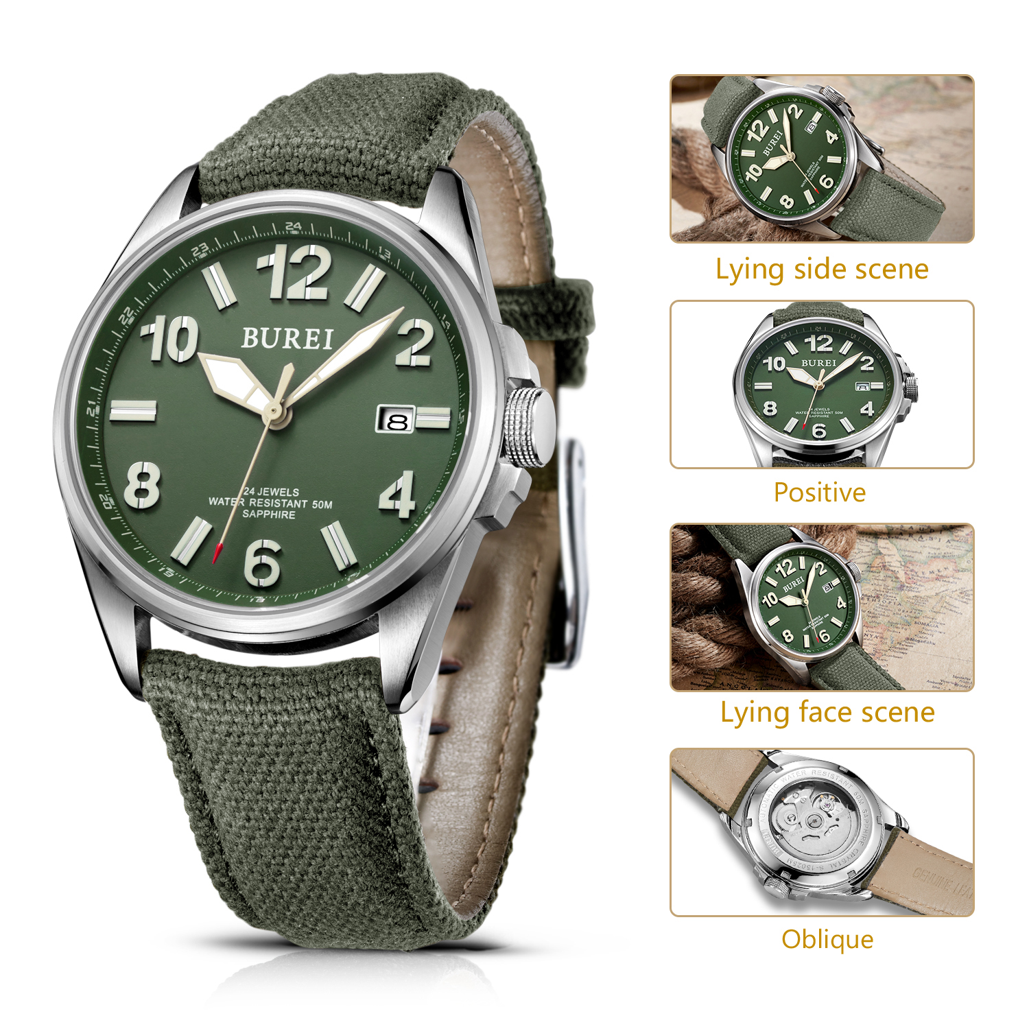 NH35 BUREI Luxury Brand Men Au - đánh giá và giá Canvas Strap Watch